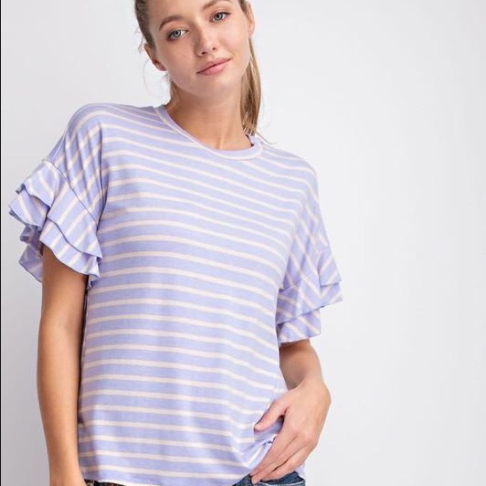 Ruffle Sleeves Striped Top Women’s Pastel Short Flutter Sleeve Boho Romantic